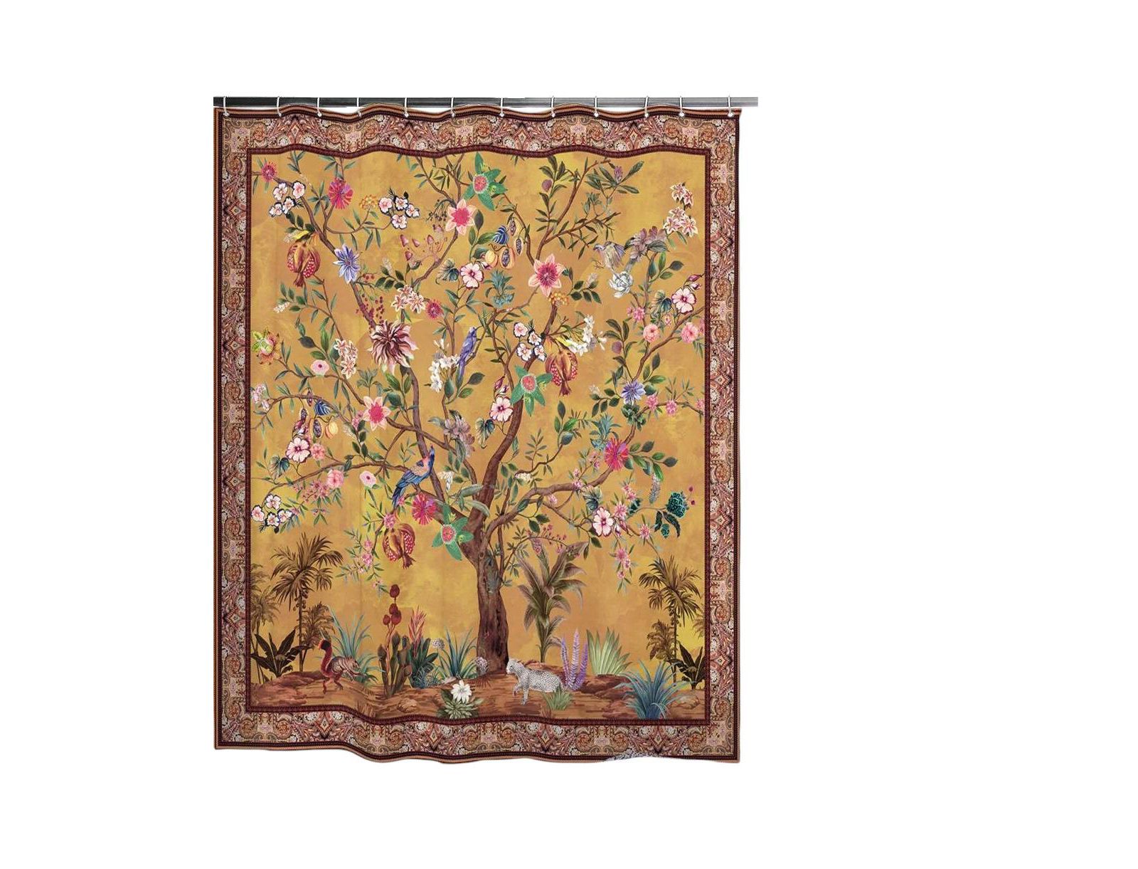 Slickblue Штора для душа 72-inch Brown Red Orange Green Floral Tree Birds Plants Flowers