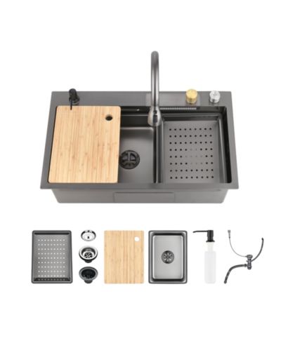 flynama 30x18inch Black Waterfall Kitchen Sink Stainless Steel Single Bowl Workstation with Cutting Board