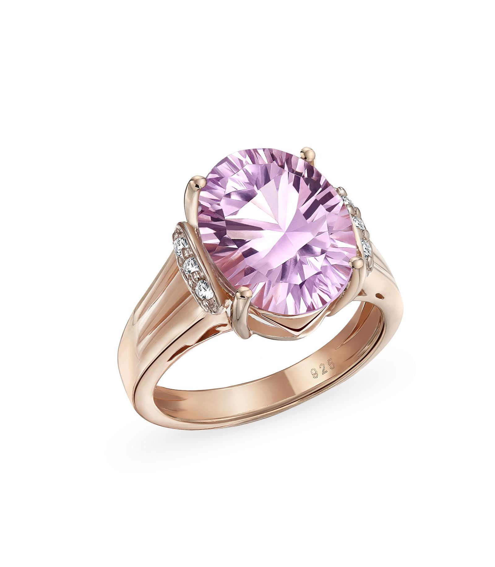 Bling Jewelry Traditional Oval 4CT Pink Amethyst Statement Ring Zircon Accent Rose Gold Vermeil Sterling Silver