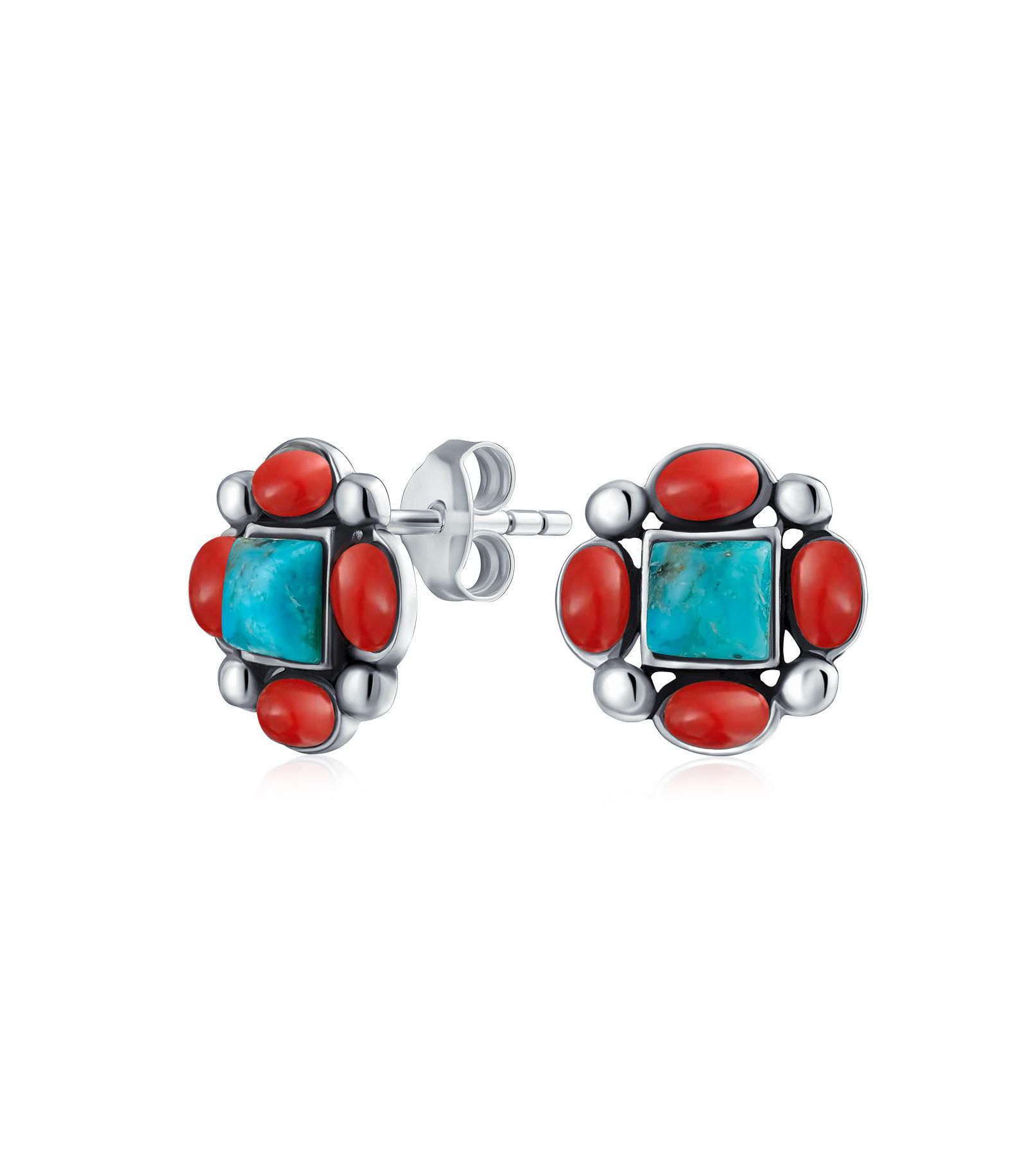 Bling Jewelry Серьги-гвоздики с бирюзой и красным камнем