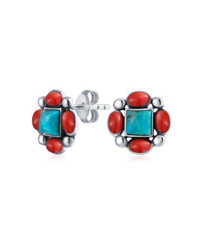 Bling Jewelry Серьги-гвоздики с бирюзой и красным камнем