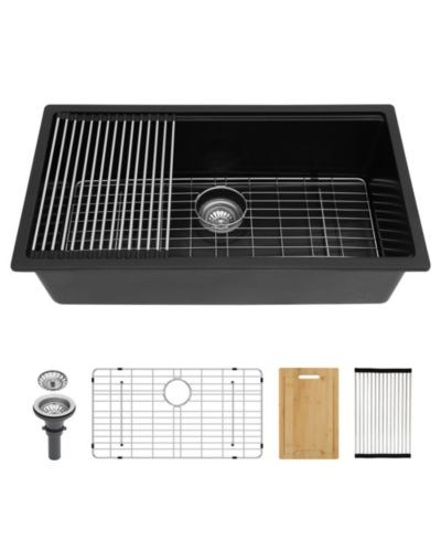 flynama 32x19x9.65inch Black Quartz Composite Undermount Kitchen Sink Workstation Granite Deep