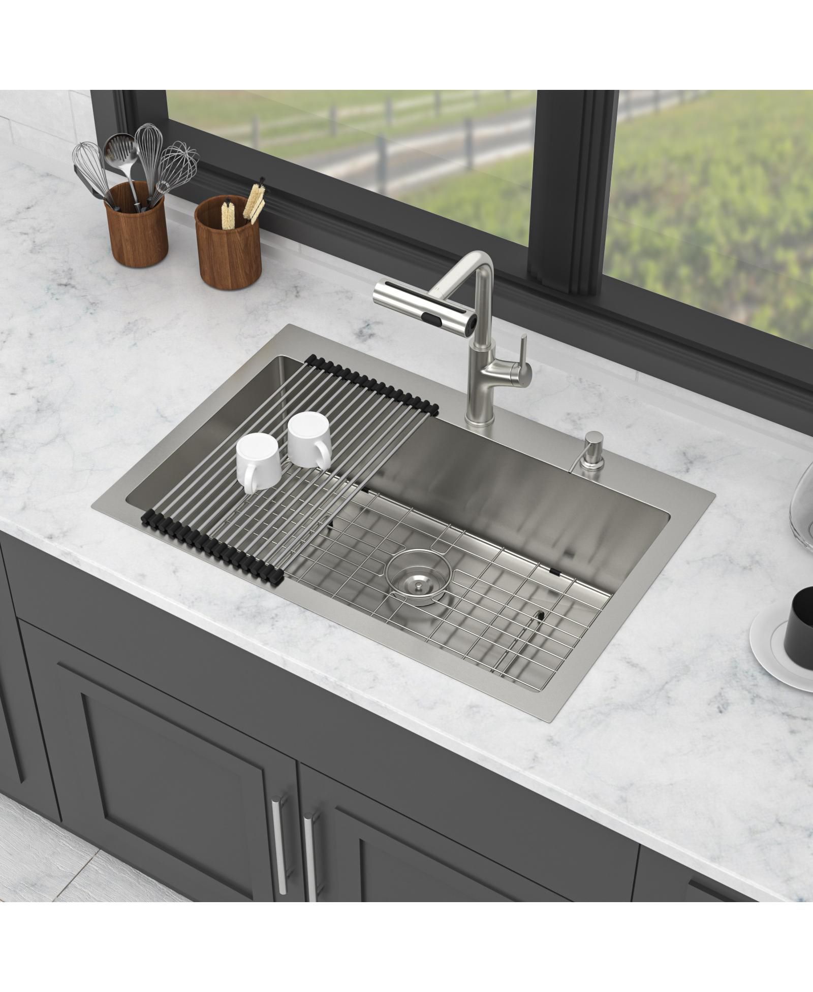 flynama 33x22x10inch Drop In Kitchen Sink with Pull Out Faucet Soap Dispenser Stainless Steel Single Bowl 16 Gauge