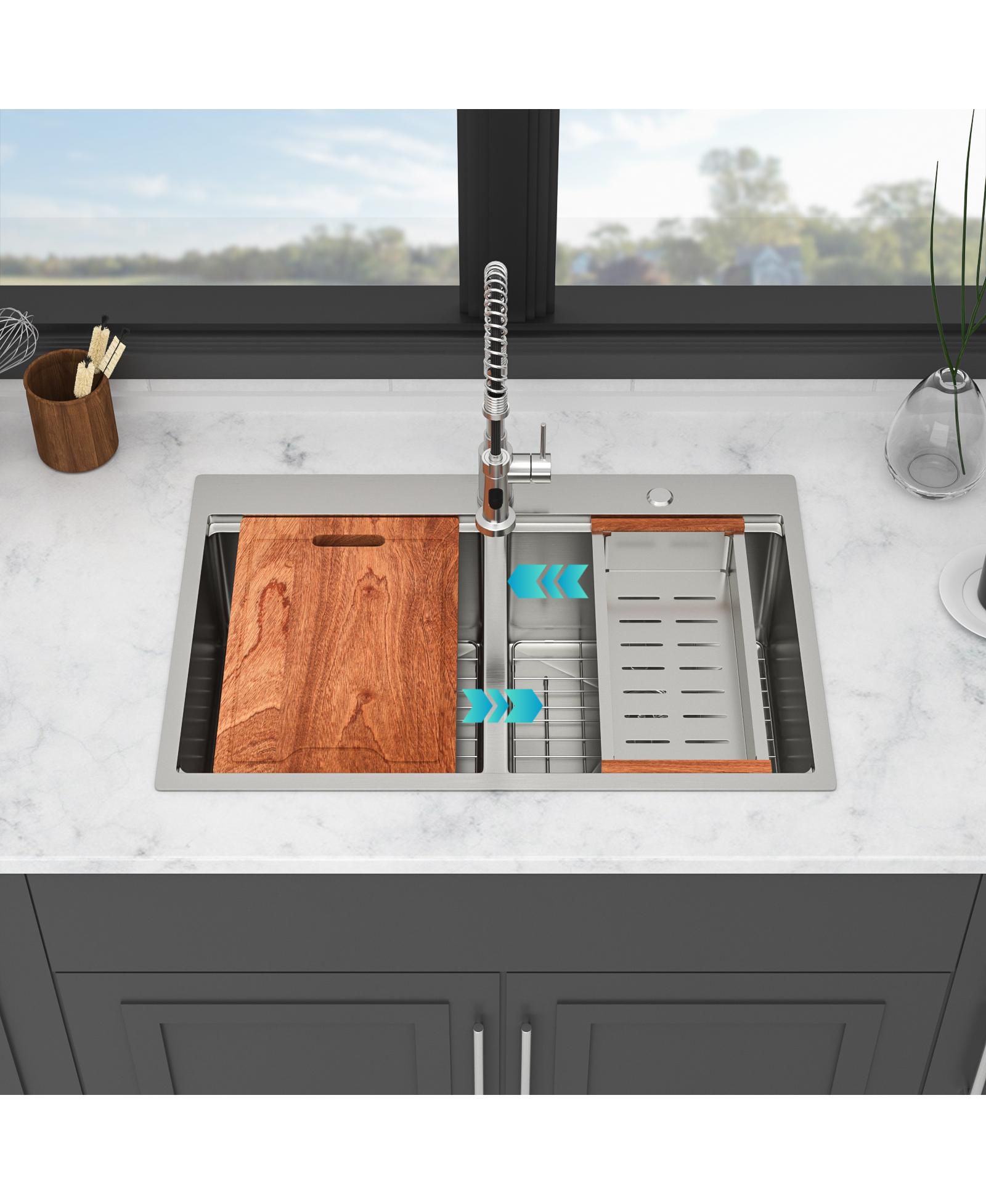 flynama 33x22x10inch Topmount Double Bowl Kitchen Sink 16 Gauge Stainless Steel Brushed Nickel