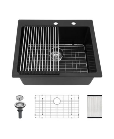flynama 25x22x9.65inch Black Quartz Composite Kitchen Sink Drop In Single Bowl Granite