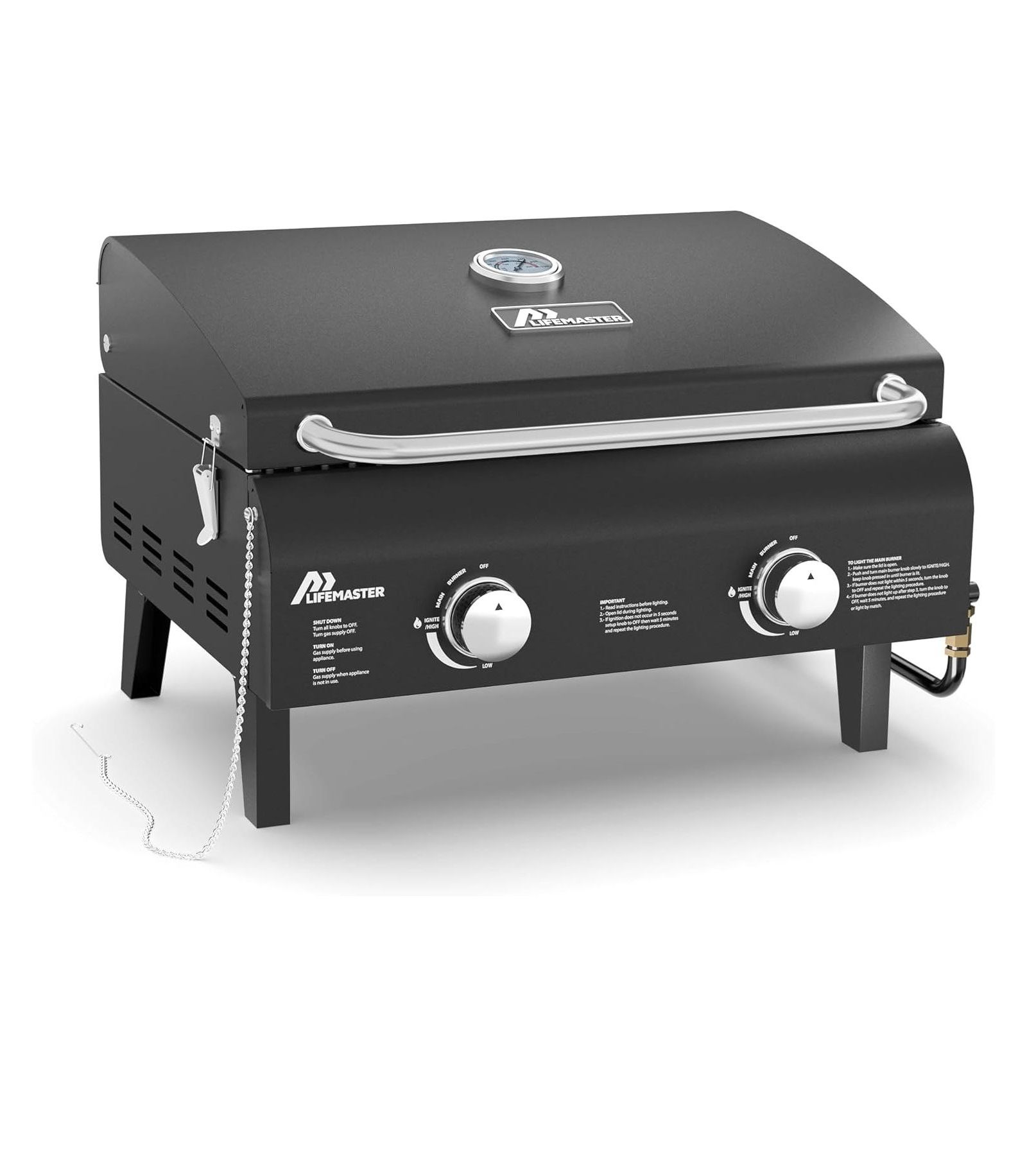 Lifemaster Portable 2-Burner Propane Gas Grill, Stainless Steel Tabletop BBQ with Foldable Legs, Wind-Resistant Lid, Easy-Clean, Camping