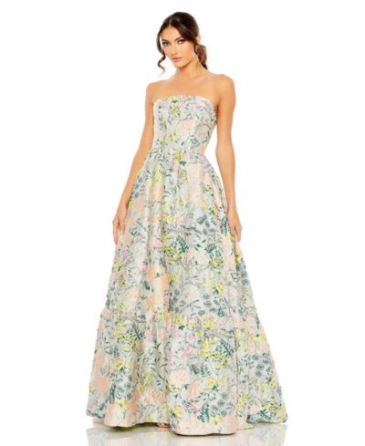 Mac Duggal платье вечернее A Line без бретелей, цветочный жаккард, Petite