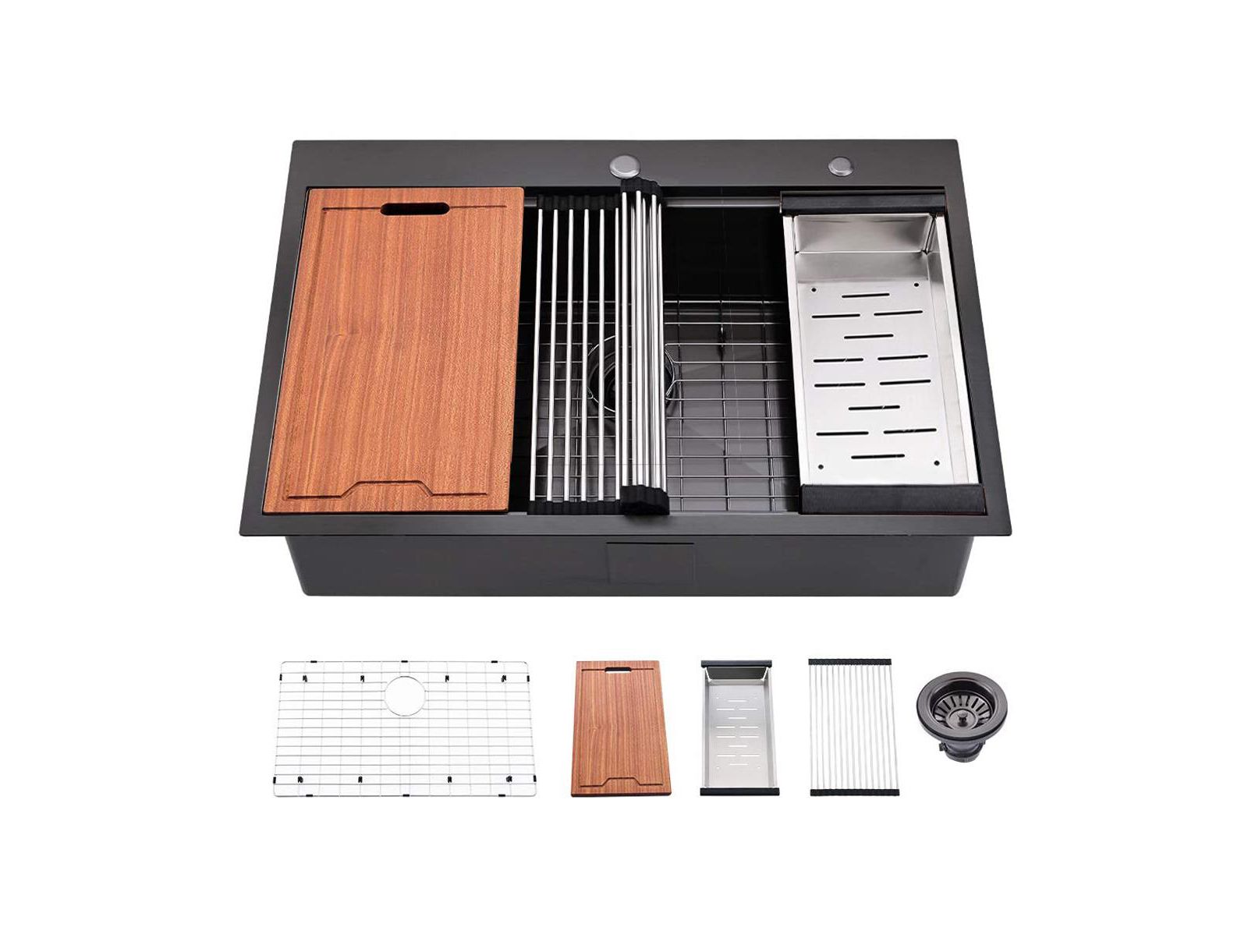 flynama 33x22x10 Inch Drop In Workstation Kitchen Sink R10 Radius SUS304 Stainless Steel Single Bowl With 5 Accessories Integrated Ledge