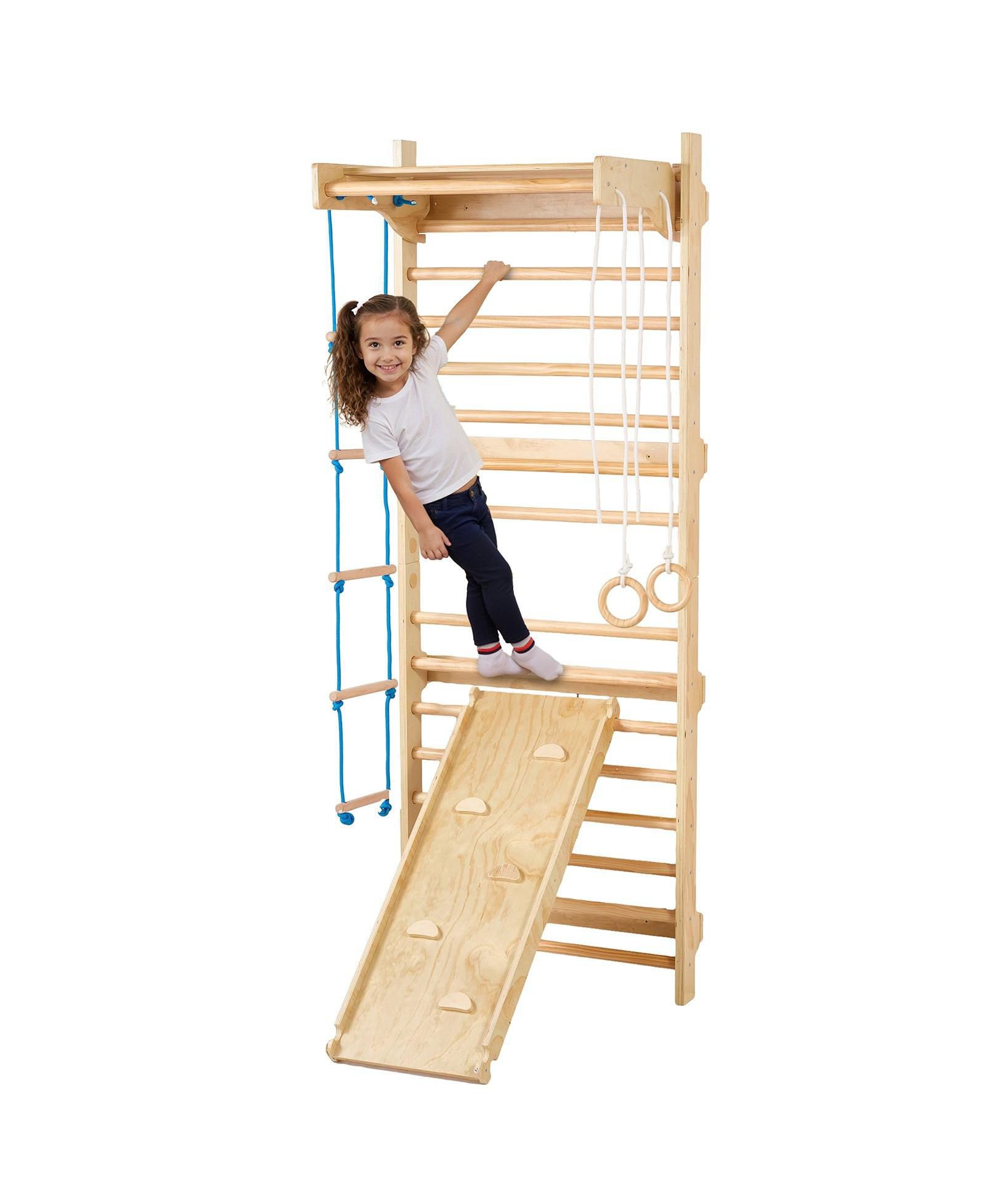Mecale Swedish Ladder Wall Gym, 5-in-1 Indoor Climbing Set w/ Pull-Up Bar, Rings, Rope Ladder & Slide Board