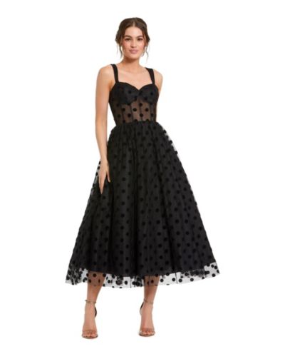 Mac Duggal Petite Polka Dot Net Bustier A-Line Midi Dress