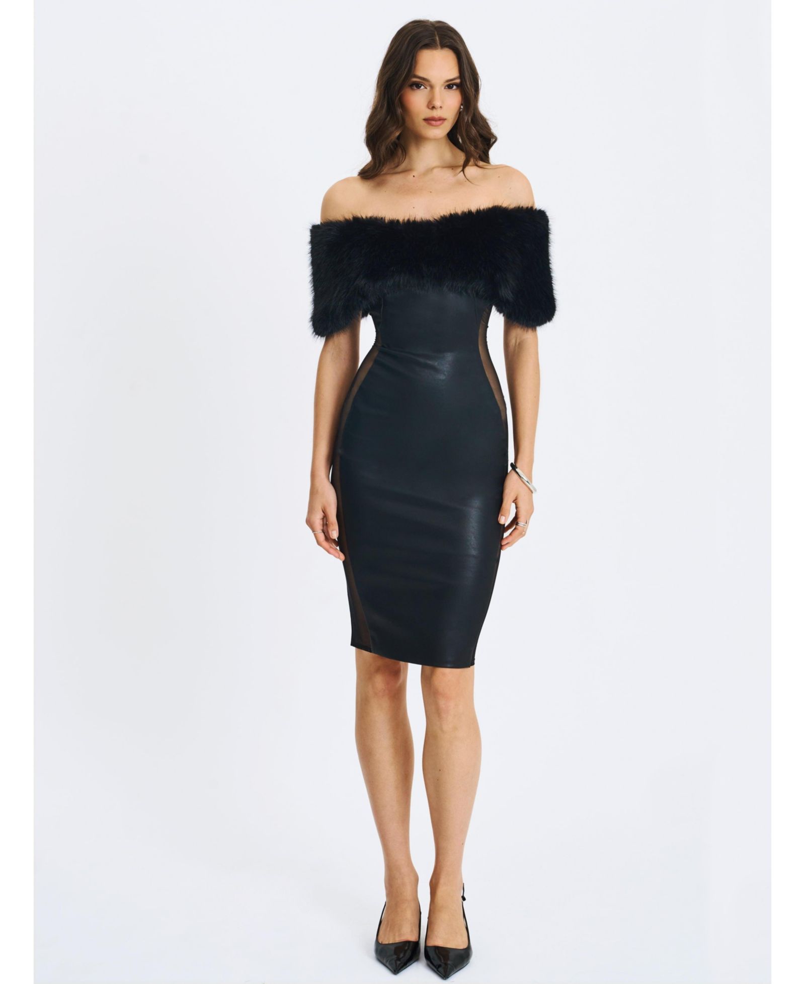 Miss Circle Women Bellis Black Fur Trim Mesh Panel Off-Shoulder Midi Dress