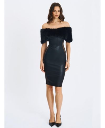 Miss Circle Women Bellis Black Fur Trim Mesh Panel Off-Shoulder Midi Dress