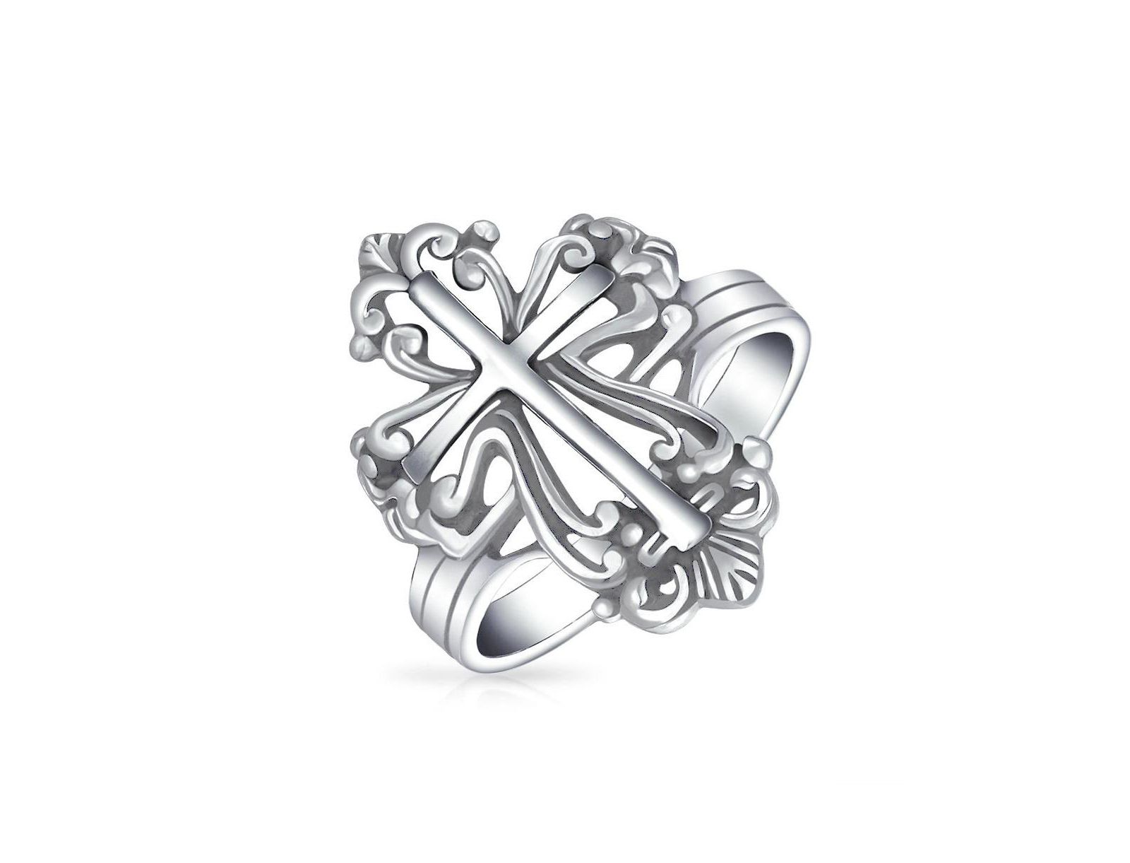 Bling Jewelry Vintage Style Spiritual Religious Fleur De Lis Cross Ring .925 Sterling Silver
