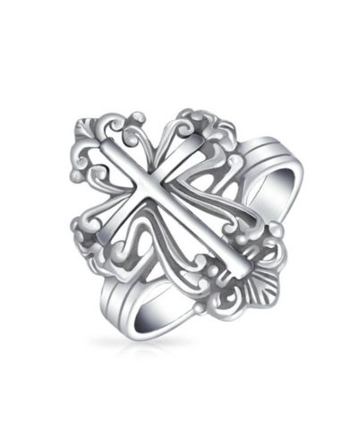 Bling Jewelry Vintage Style Spiritual Religious Fleur De Lis Cross Ring .925 Sterling Silver