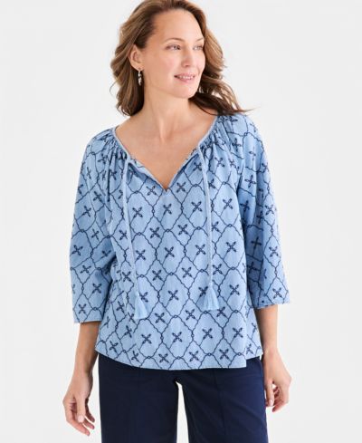 Style & Co Женский топ Chambray с вышивкой и разрезом на шее