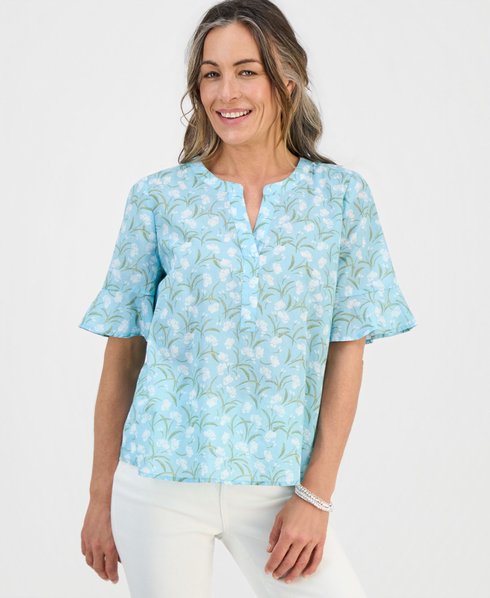 Топ Style & Co Petite Printed Cotton Split-Neck Popover