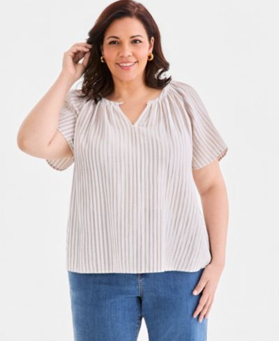 Style & Co Plus Size Striped Gauze Flutter-Sleeve Top, Macy's Exclusive