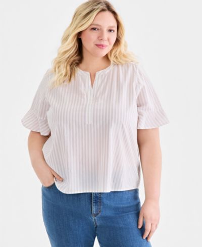 Style & Co Plus Size Striped Cotton Split-Neck Popover Top, Macy's Exclusive