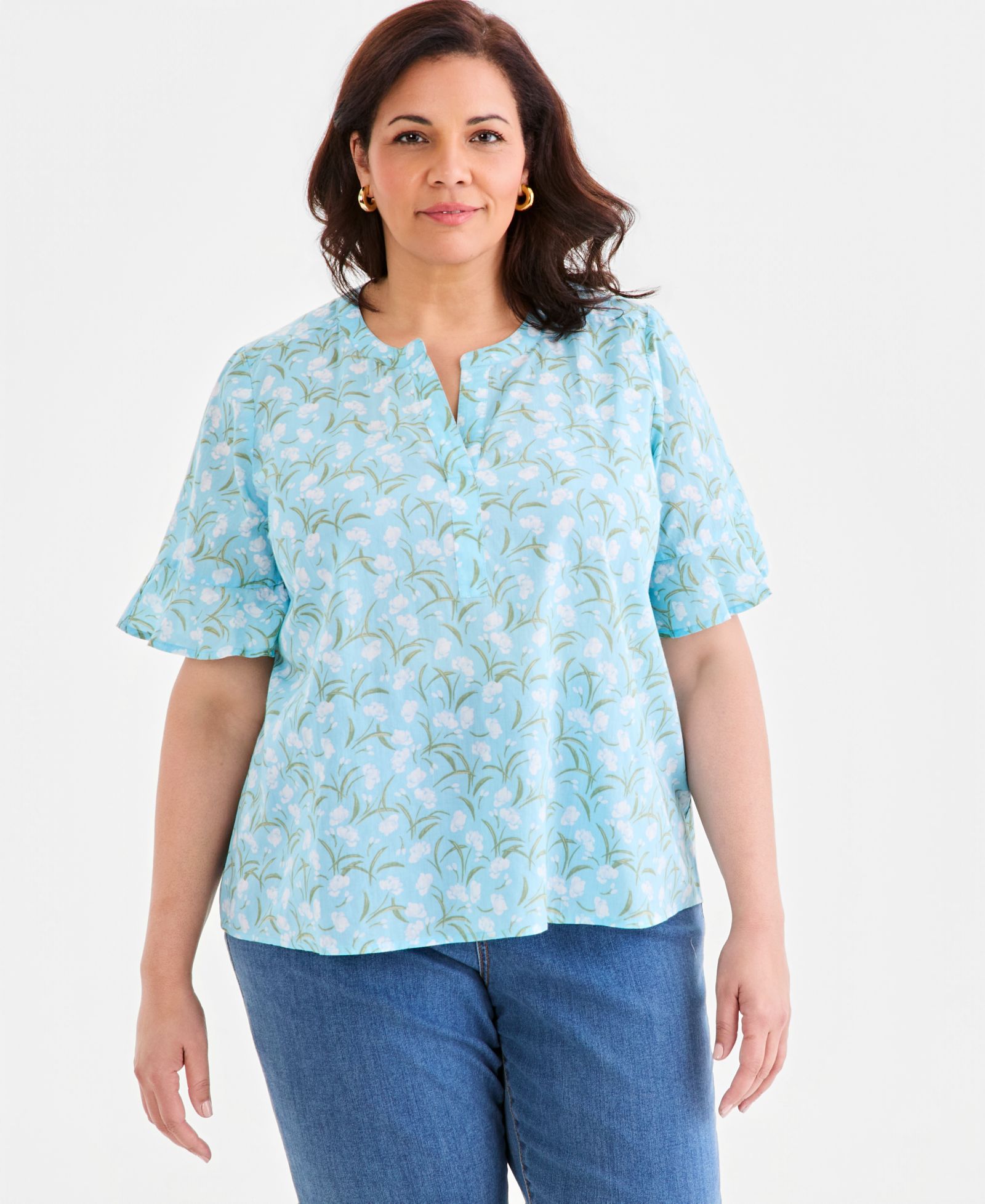 Женский хлопковый топ Style & Co Plus Size Printed Split-Neck Popover