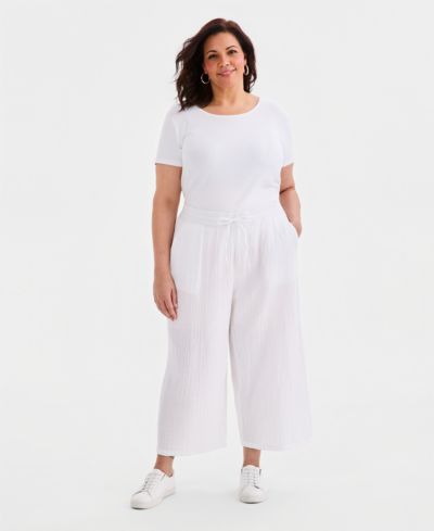 Брюки Plus Size из хлопкового газа с широкими штанинами и кулиской от Style & Co