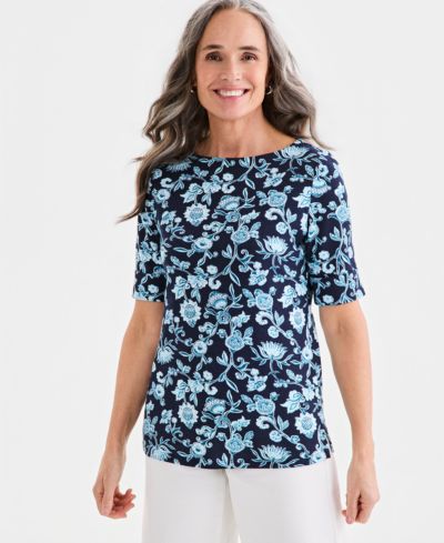 Style & Co Petite топ с рукавом до локтя Fresh Paisley Print, Boat Neck