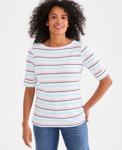 Топ Style & Co Petite с коротким рукавом и полоской Kelly, вырез лодочкой