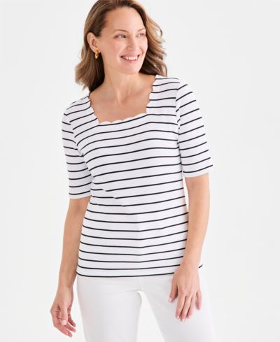 Style & Co Petite Elbow-Length Scallion Clover Square Neck Top, Macy's Exclusive
