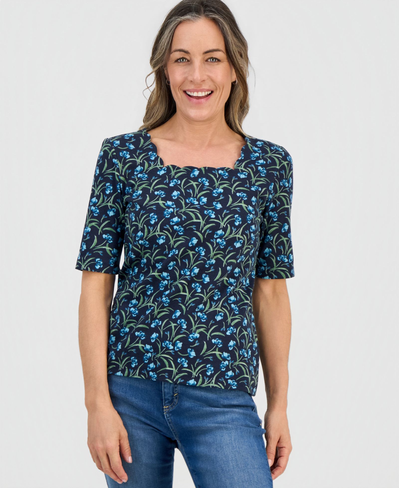 Style & Co Petite Flower Field Elbow-Sleeve Scalloped Square-Neck Top, Macy's Exclusive
