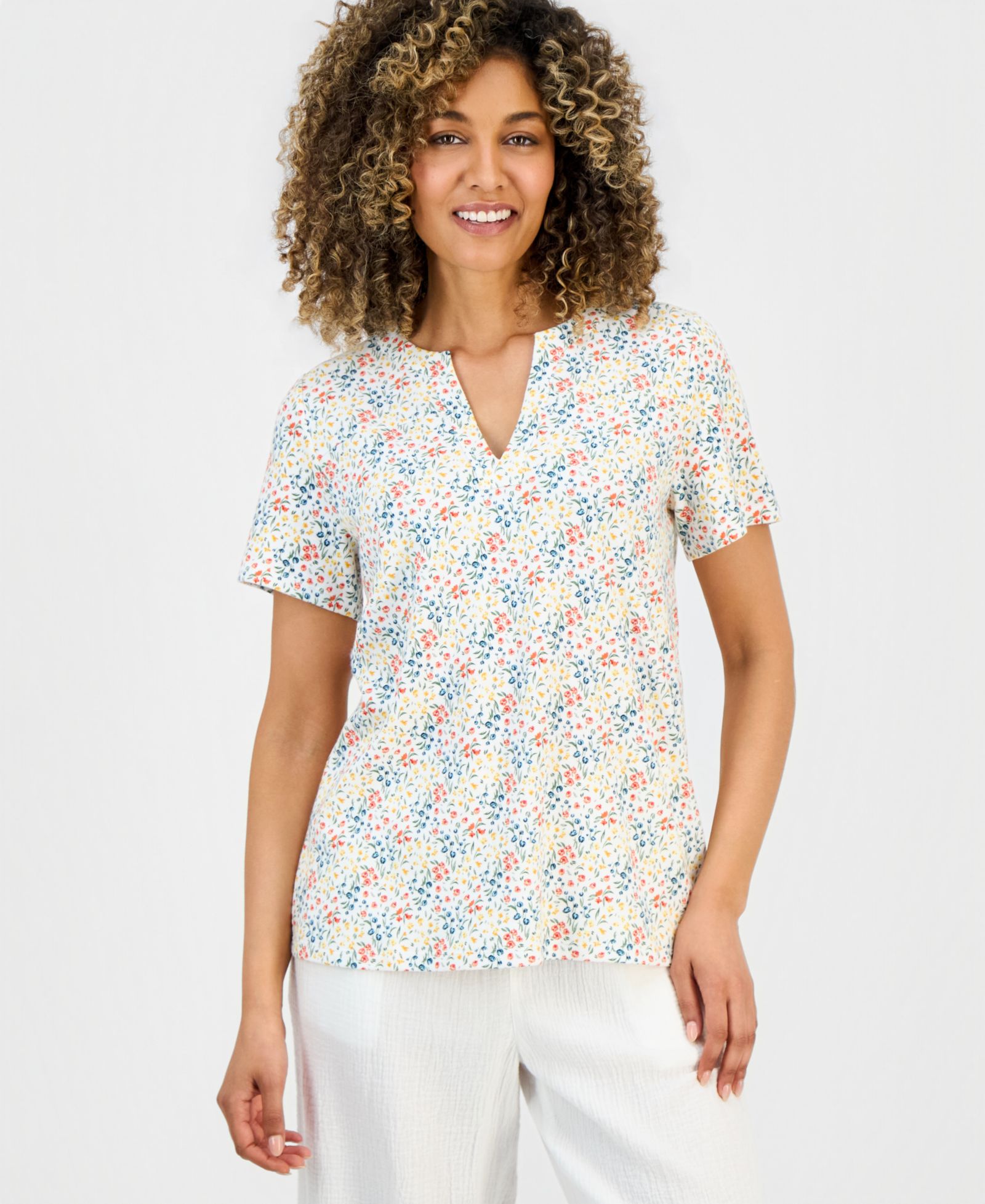 Style & Co Petite Floral-Print Short-Sleeve Split-Neck Yoke Top, Macy's Exclusive