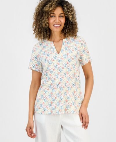 Style & Co Petite Floral-Print Short-Sleeve Split-Neck Yoke Top, Macy's Exclusive