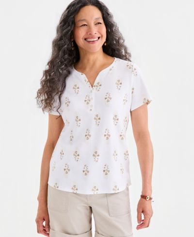 Style & Co Women's Printed Short-Sleeve Henley Top, Macy's Exclusive