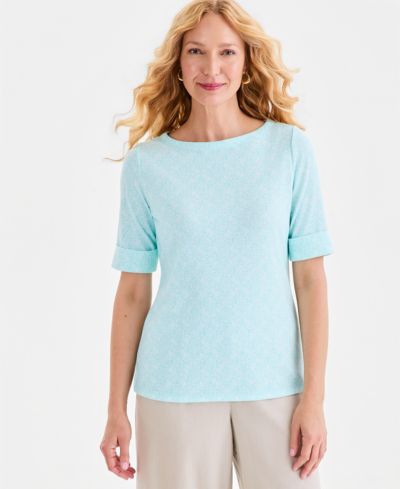 Style & Co Women's Printed Boat-Neck Elbow-Sleeve Top, Macy's Exclusive