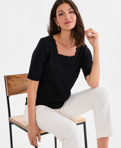 Style & Co Women's Cotton Scalloped Square-Neck Top, Macy's Exclusive