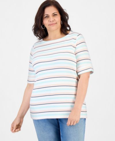 Style & Co Plus Size Printed Boat-Neck Elbow-Sleeve Top, Macy's Exclusive
