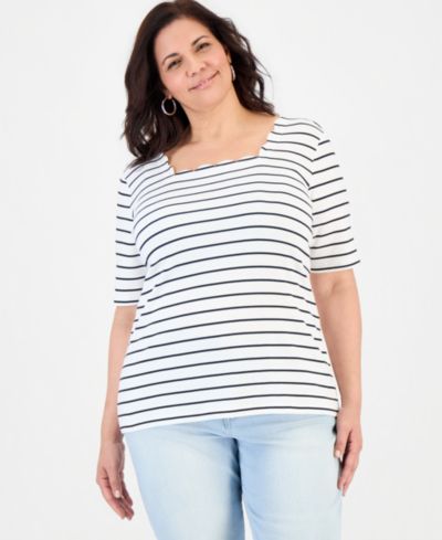 Style & Co Plus Size Striped Scalloped Square-Neck Top, Macy's Exclusive