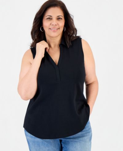 Style & Co Plus Size Cotton Johnny-Collar Sleeveless Top, Macy's Exclusive