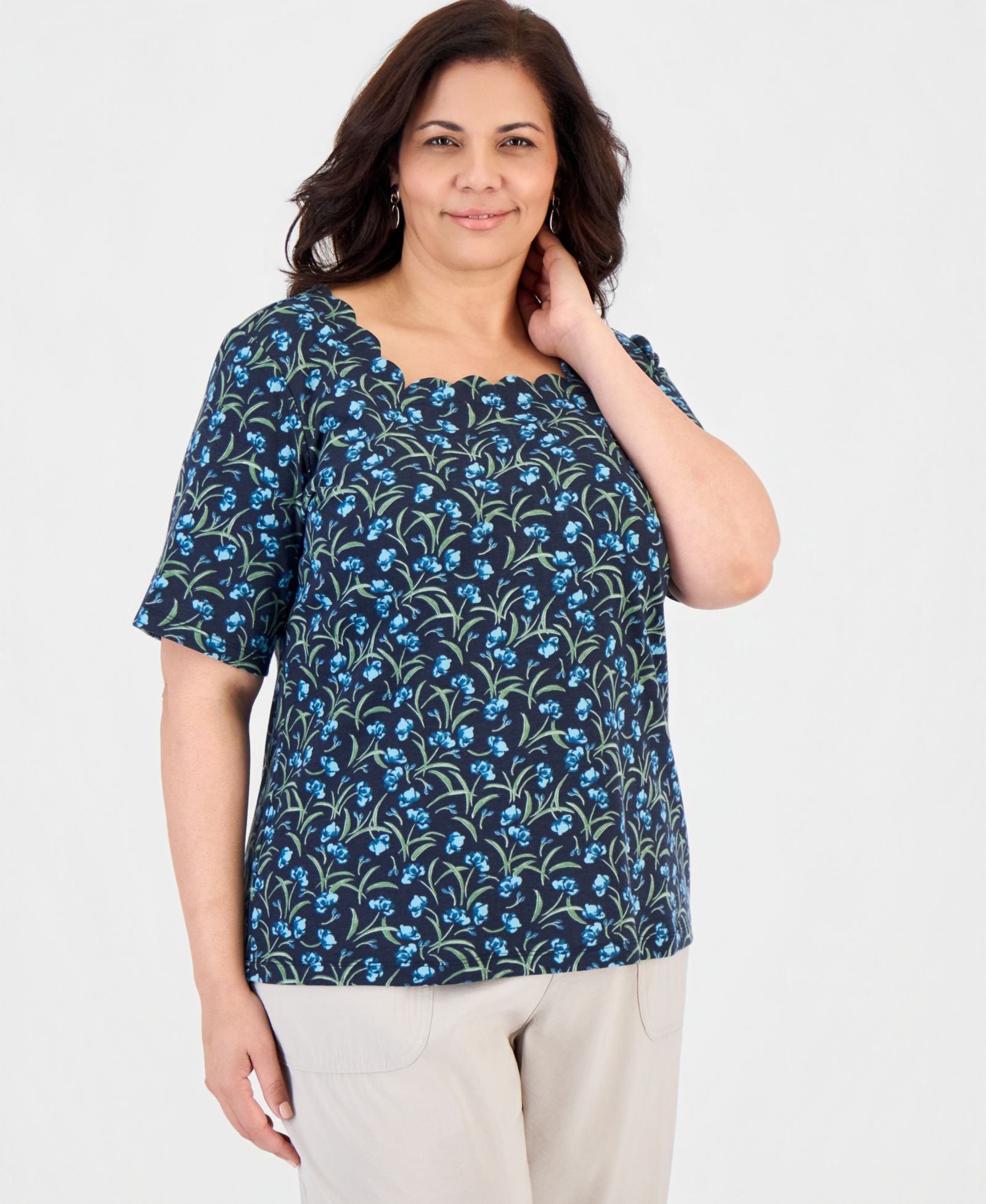 Style & Co Plus Size Printed Scalloped Square-Neck Top, Macy's Exclusive