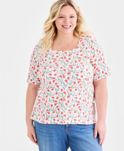 Style & Co Plus Size Printed Scalloped Square-Neck Top, Macy's Exclusive