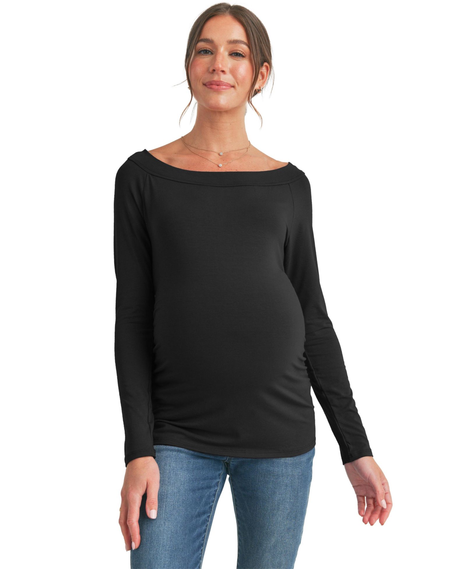 Hello Miz Maternity Ruched Long Sleeve Boat Neck Top