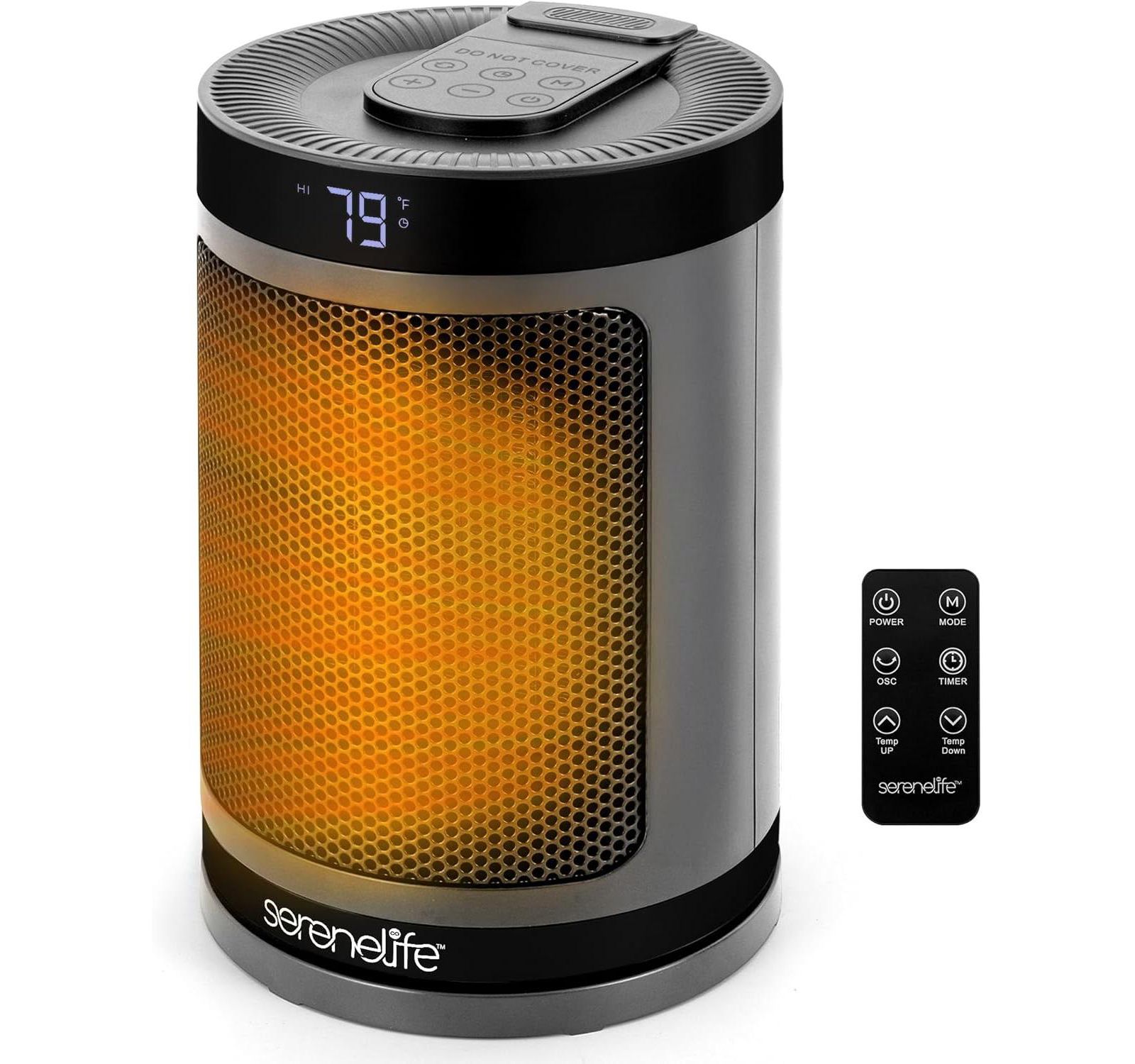 SereneLife Portable Space Heater, 1500W PTC Ceramic Heater with Thermostat, Remote, 12-Hour Timer, 3 Modes, Oscillation, Grey