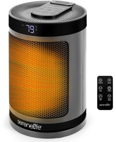 SereneLife Портативный обогреватель, 1500W PTC керамический обогреватель с термостатом, пультом, таймером на 12 часов, 3 режимами и функцией осцилляции, серый