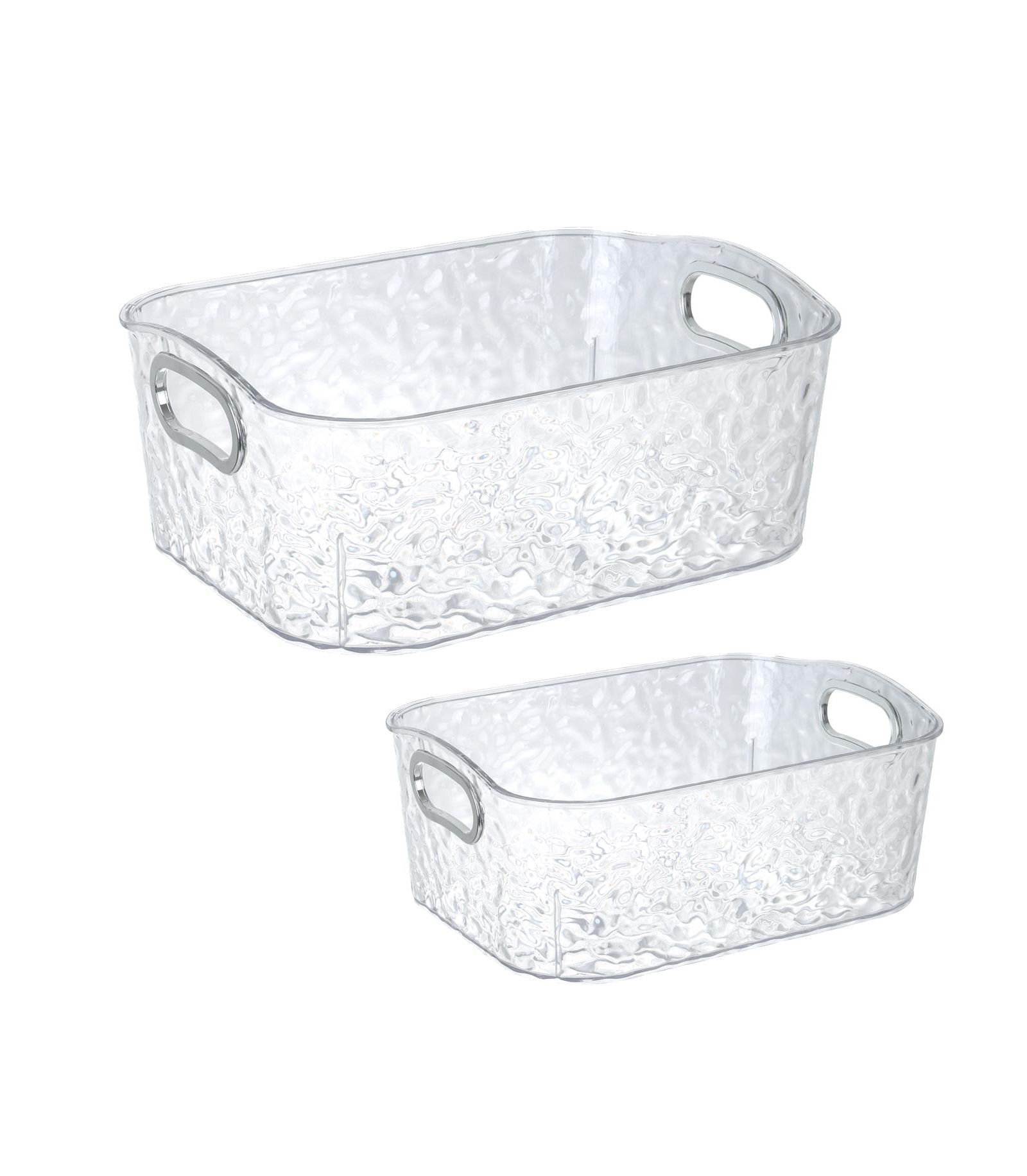 Trio Essentials 2-Pack Clear Plastic Storage Bins with Silver Handles, Two Sizes for Bathroom, Kitchen, Pantry, Closet, Vanity