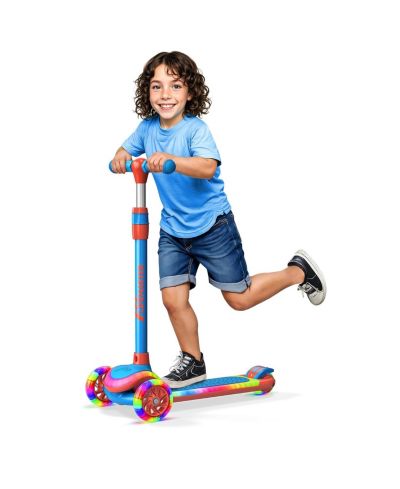 Lifemaster 3-Wheel Kids Scooter, Blue Red, with multi-color LED lights, 5-height adjustable handlebar, wide anti-slip deck, safety certified.