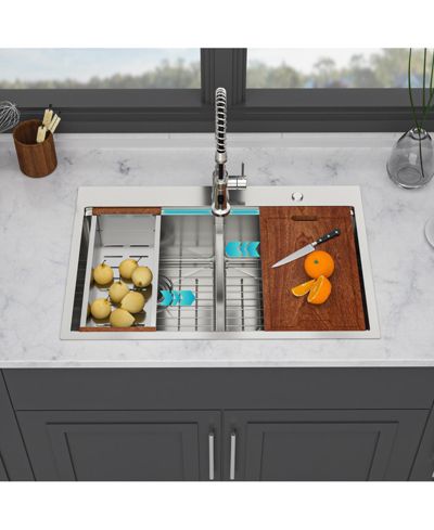 Кухонная мойка flynama 33x22x10inch 16 Gauge T304 Stainless Steel Topmount Drop In 5050 Double Bowl Brushed Nickel Workstation
