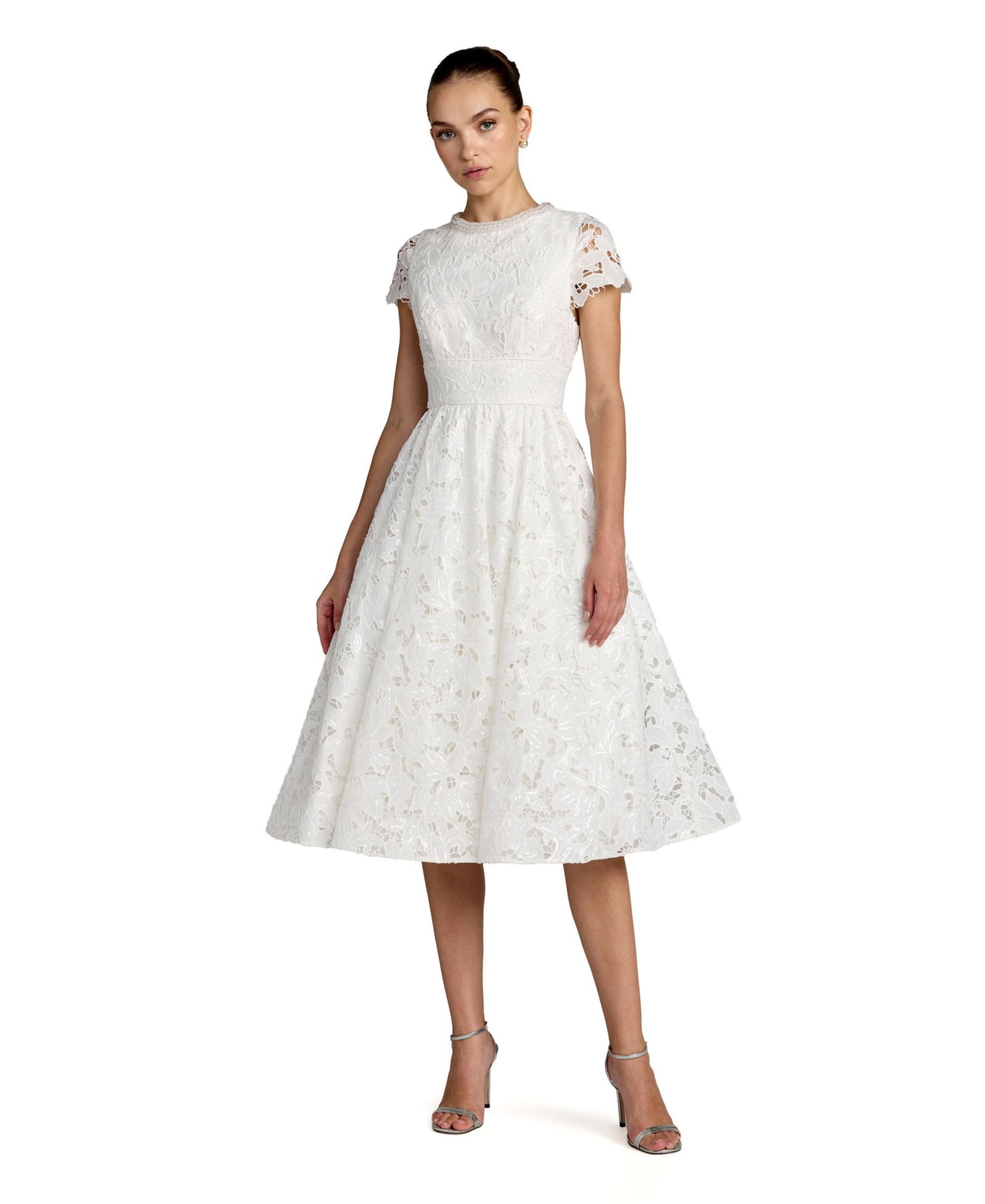 Mac Duggal Petite Lace Embellished Cap Sleeves A Line Midi Dress