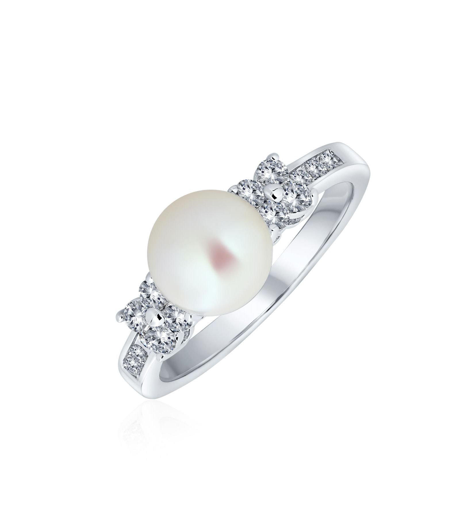 Bling Jewelry Traditional 8MM Solitaire White Cultured Pearl Statement Ring Pave CZ Side Stones Band