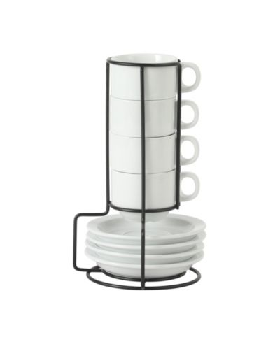 Gibson Home Gracious Dining 3-Ounce Espresso Cups Set of 4, Small Stackable Coffee Cups with 4 Saucers, Metal Stand, Ceramic Demitasse Mugs