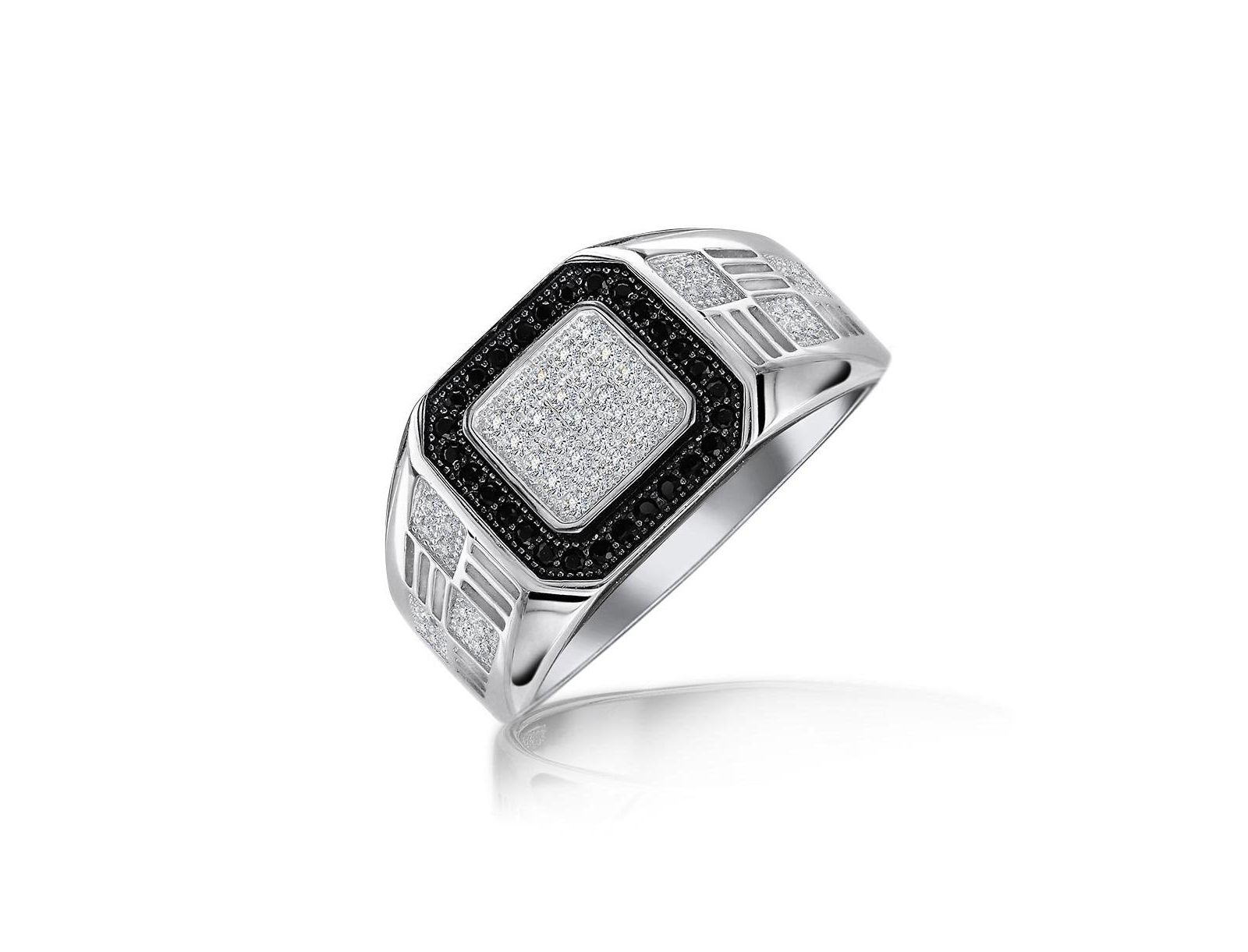 Bling Jewelry Men's Micro Pave Black Halo Square Two Tone CZ Statement Signet Ring .925 Sterling Silver
