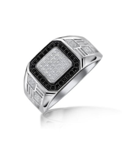 Bling Jewelry Men's Micro Pave Black Halo Square Two Tone CZ Statement Signet Ring .925 Sterling Silver