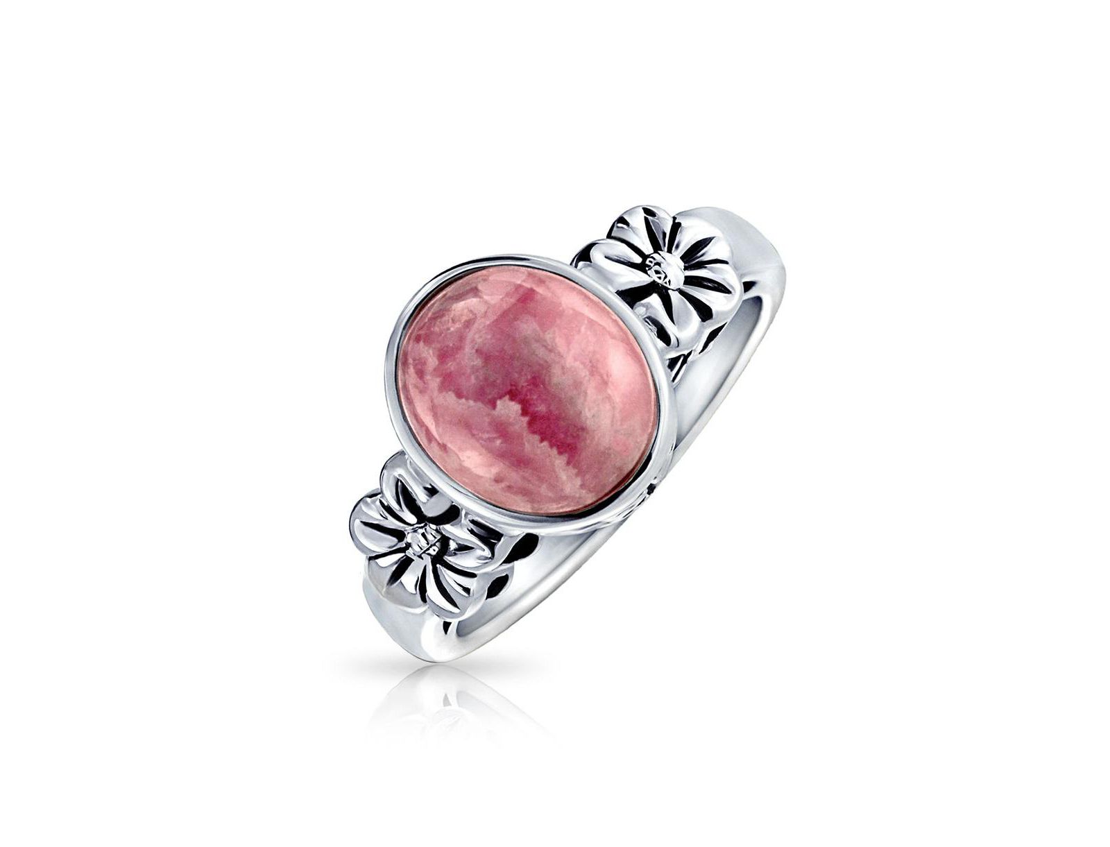 Bling Jewelry Bezel Set Oval Pink Natural Rhodochrosite Gemstone Ring Flower Band .925 Sterling Silver